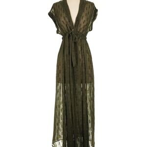 Express Olive Green Sheer Maxi Dress/Duster with Tie Front